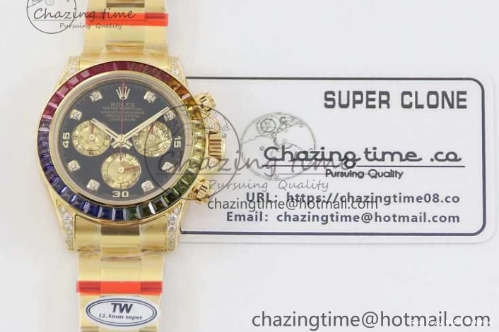 AAA Replica Watches 116595RBOW Black on A Diamonds 2406 Best YG 904L YG Dial Edition Bracelet Effortless TWF 1:1 Steel Daytona YG 0109